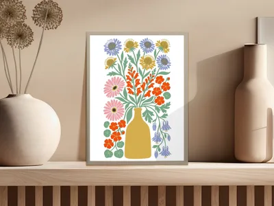 Mid-Century Floral Vase Print, Folk Art Flower Bouquet Digital, Retro Botanical Garden Wall Art, Scandinavian Inspired Floral Download SVG