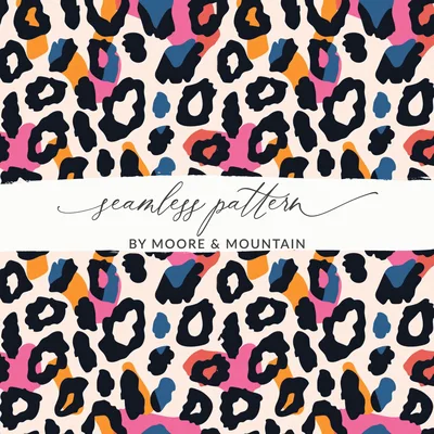 Modern Cheetah Print, Seamless Animal Print, Leopard Spots, Black, Blue, Orange, Pink Wild Animal Print Background Digital