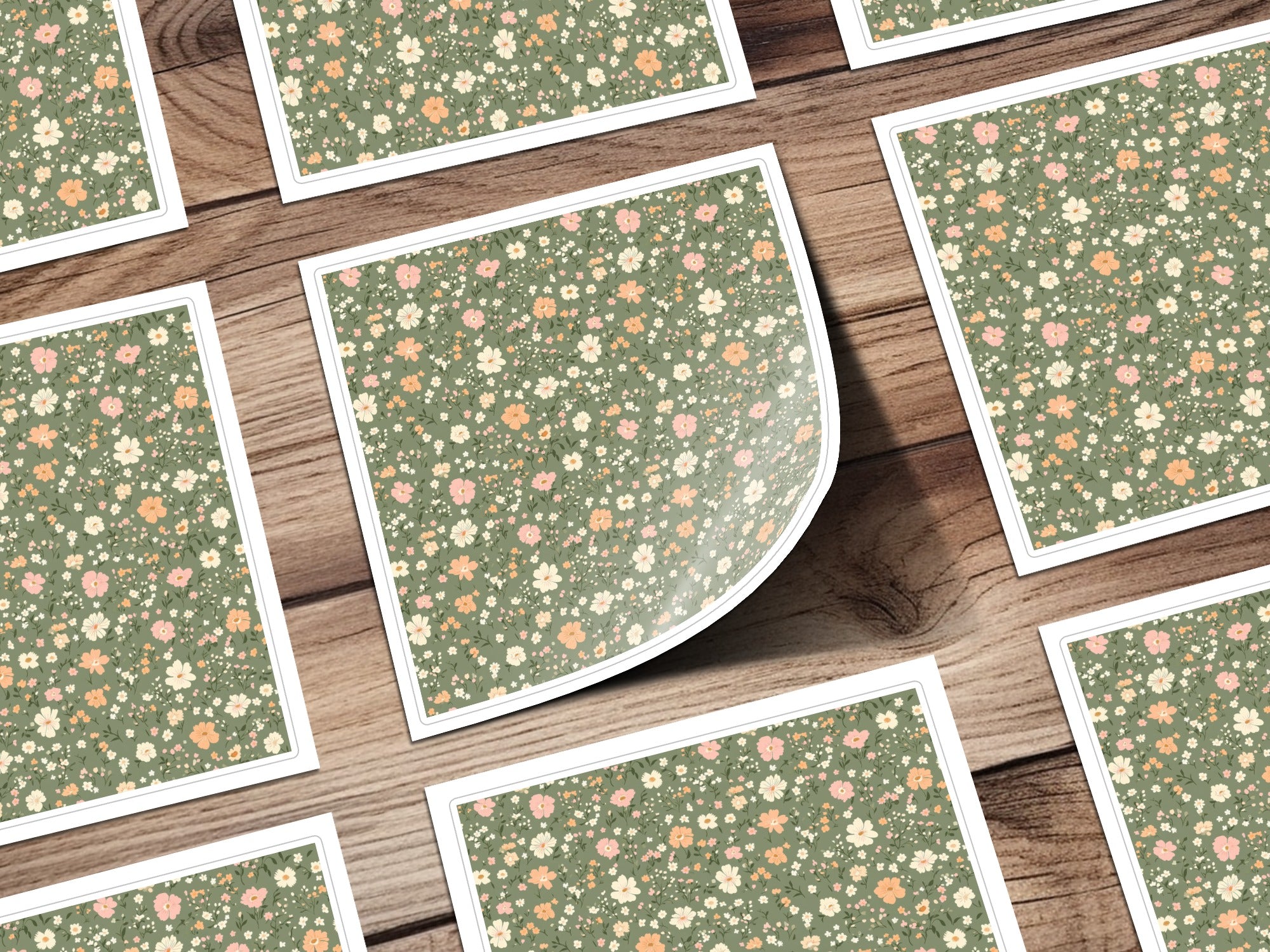 Modern Ditsy Flower Pattern on Green Background Digital