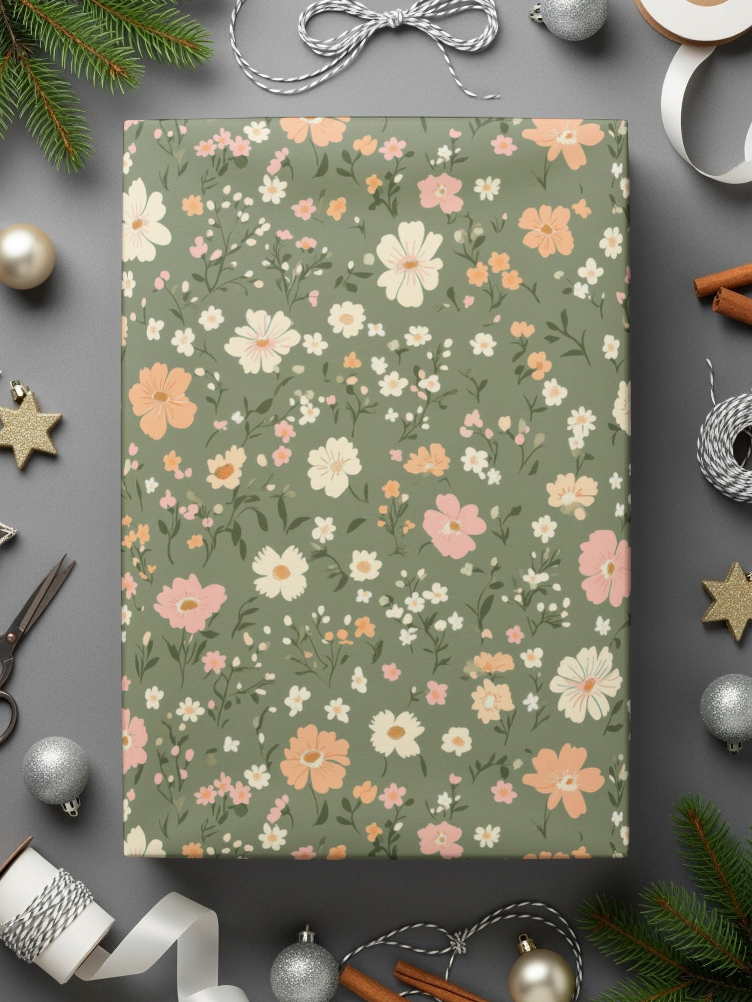 Modern Ditsy Flower Pattern on Green Background Digital