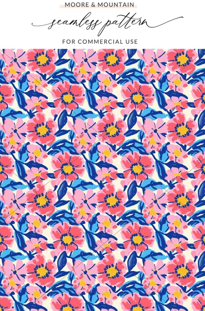 Modern Floral Seamless Pattern Digital File, Abstract Flower Digital Paper, Painterly Bloom Repeat Design for Fabric Print, Vibrant Pink