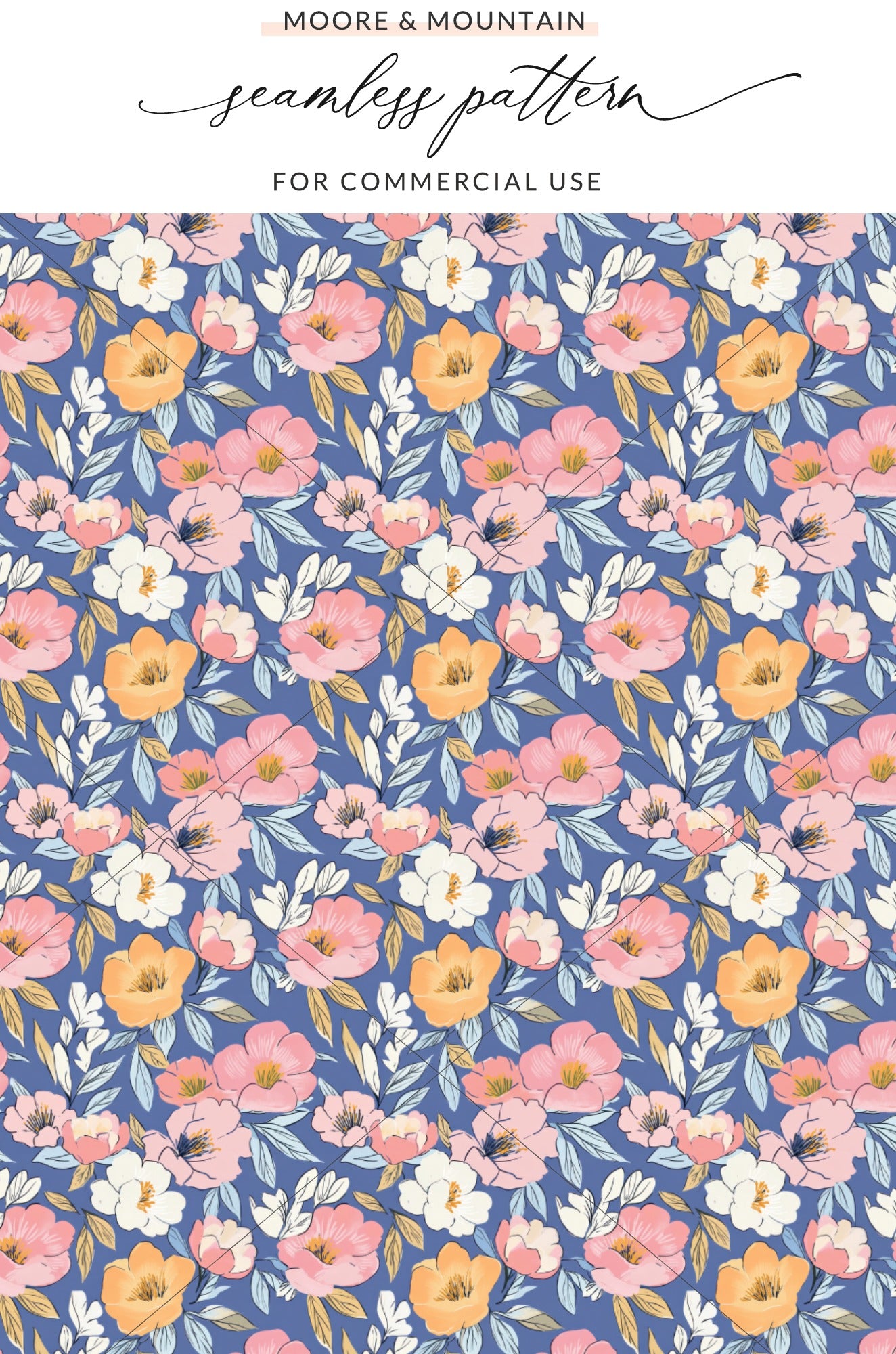 Modern Floral Seamless Pattern Digital Paper, Blue Pink Orange Botanical Fabric Print, Boho Artistic Surface Design, Commercial Use File