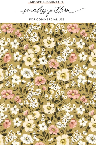Modern Gold Floral Digital Paper, Spring Bloom Design, Boho Brown Seamless Wildflower Background JPEG
