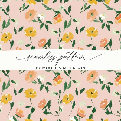 Modern Light Pink Seamless Watercolor Floral Pattern with Peach Background Digital