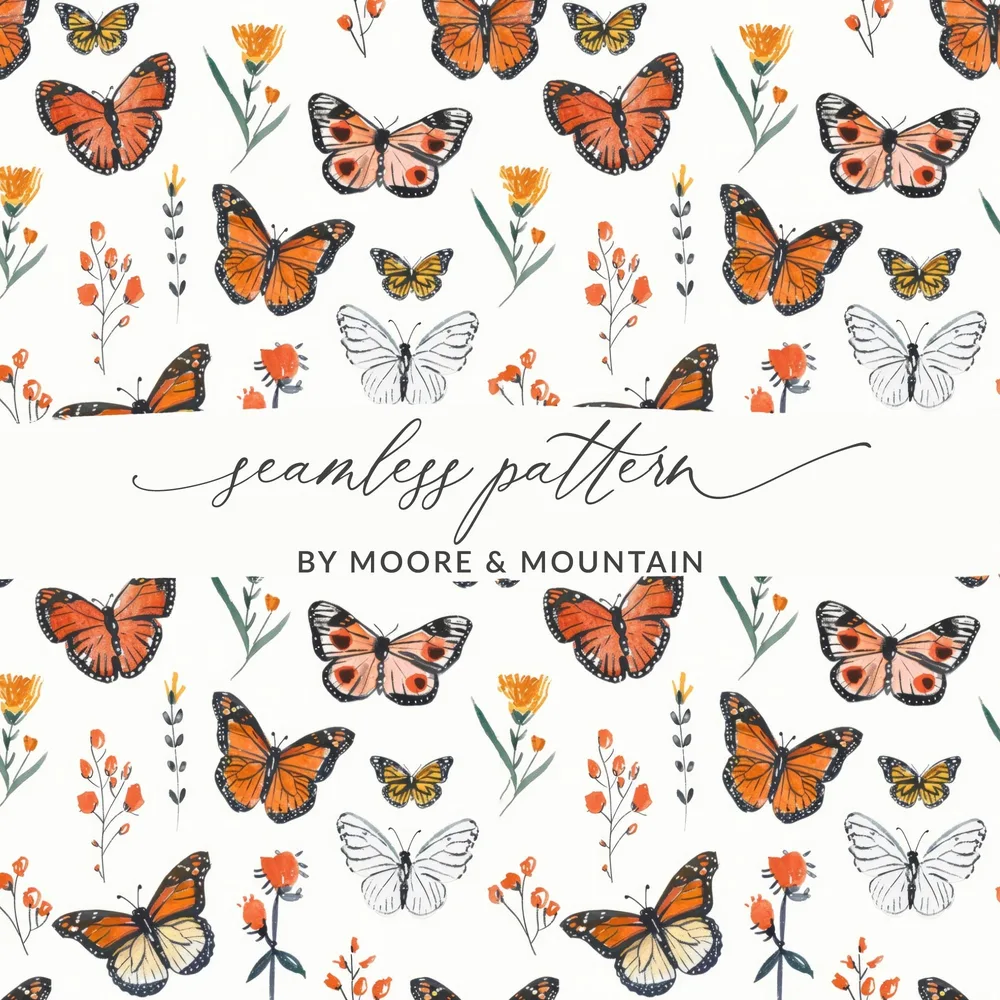 Monarch Butterfly Digital Seamless Pattern, Floral Bugs Print, Orange Butterfly Paper, Spring Flower Texture, Commercial Use Digital