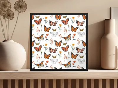 Monarch Butterfly Digital Seamless Pattern, Floral Bugs Print, Orange Butterfly Paper, Spring Flower Texture, Commercial Use Digital