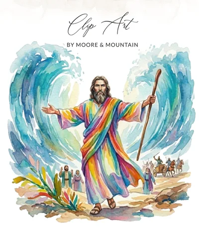 Moses Parting Red Sea Watercolor Digital Art, Rainbow Christian Biblical Wall Decor, Faith Kids Room Print, Instant Download Religious Gift