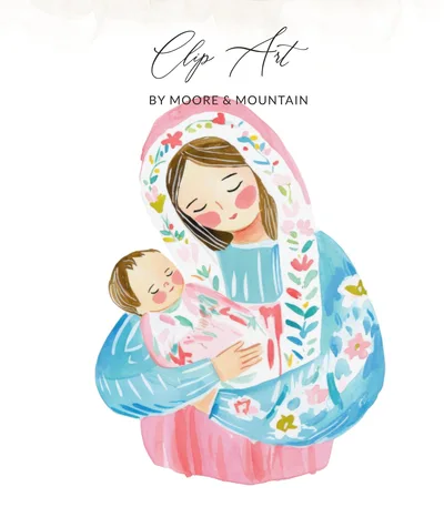Mother and Child SVG Preppy Clip Art | Whimsical Digital Art for New Mom Gift & Nursery Decor | Gentle Christian Motherhood Download SVG