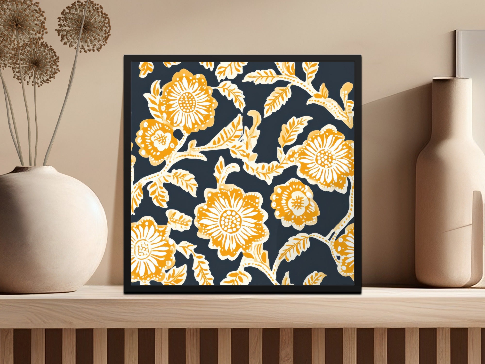 Mustard Floral Indian Motif on Dark Background Design