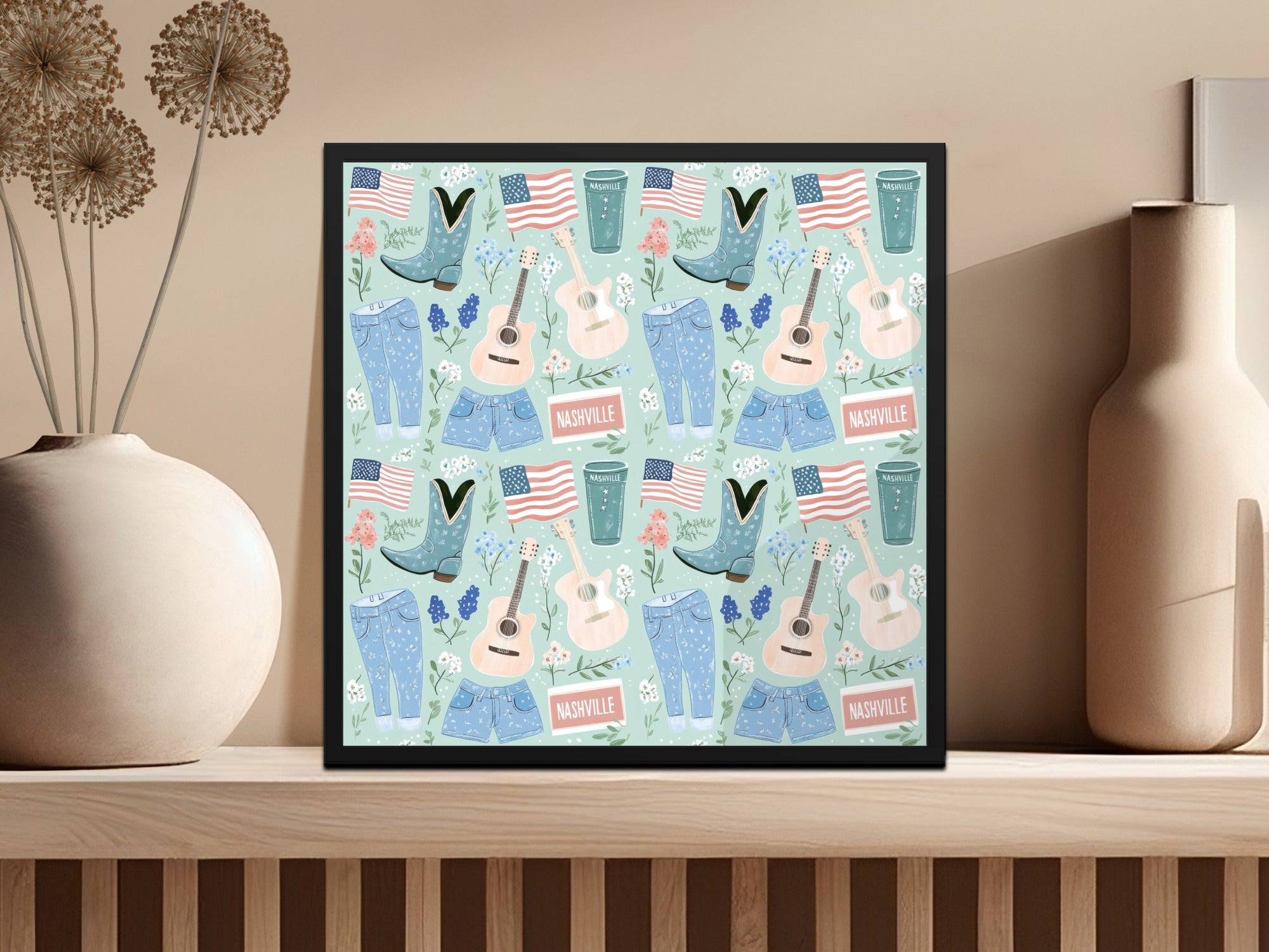 Nashville Country Digital Paper, Western Seamless Pattern, Cowboy Boot Guitar Jeans American Flag Floral Print, Rustic Digital Download
