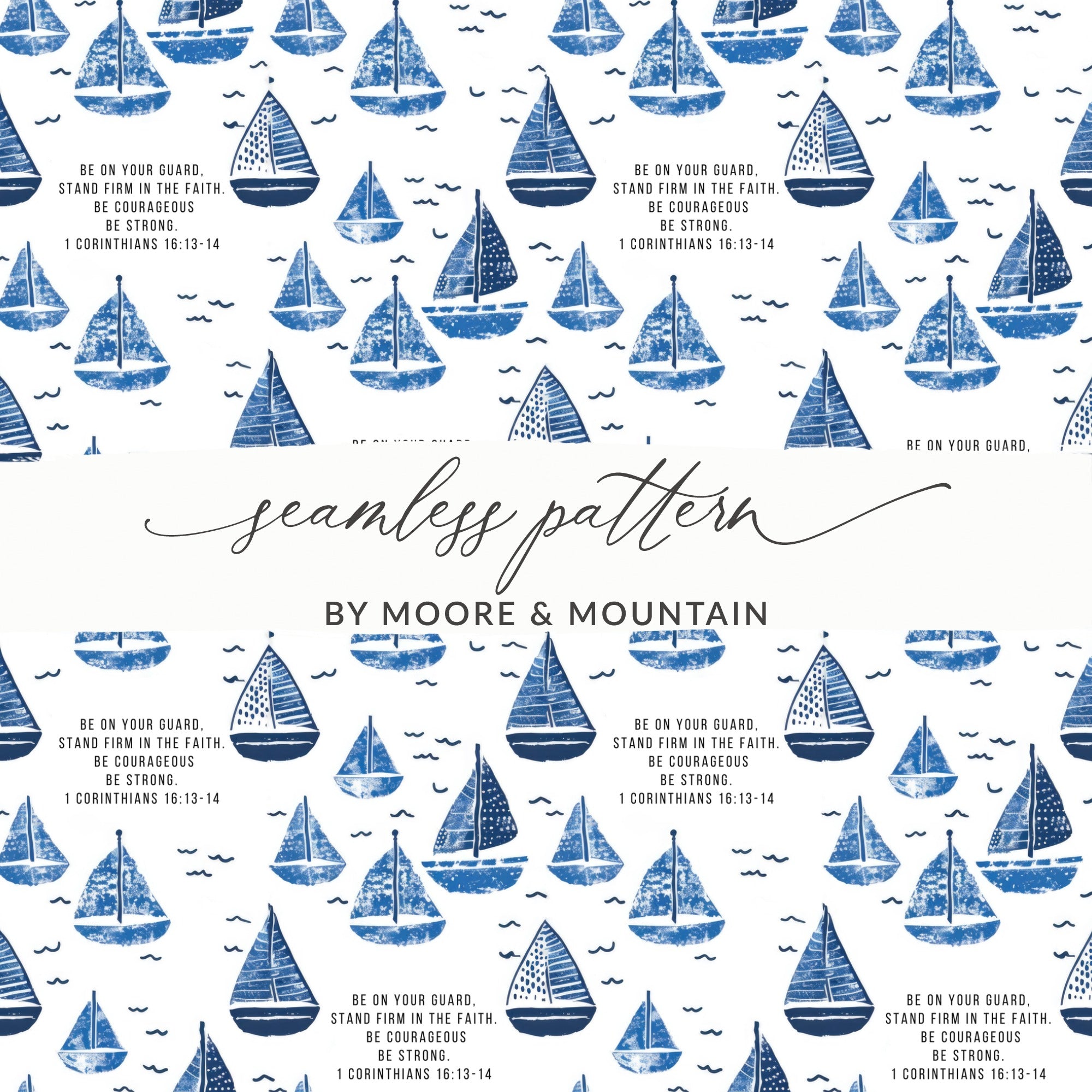 Nautical Boy Bible Verse Digital Paper, Be Courageous And Strong Seamless Bible Verse Christian Pattern for Boys