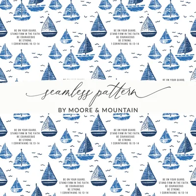 Nautical Boy Bible Verse Digital Paper, Be Courageous And Strong Seamless Bible Verse Christian Pattern for Boys