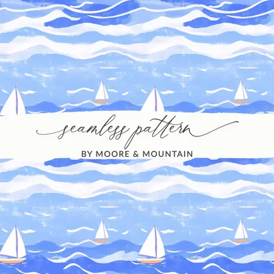 Nautical Digital Paper, Sailing Boat Pattern, Blue Sea Illustration, Seamless Texture, Scrapbook Paper, Downloadable Art, JPEG Files