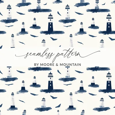 Nautical Lighthouse Pattern, Coastal Digital Paper, Navy Blue, Ocean Theme, Scrapbooking, Printable Backgrounds, Digital Download