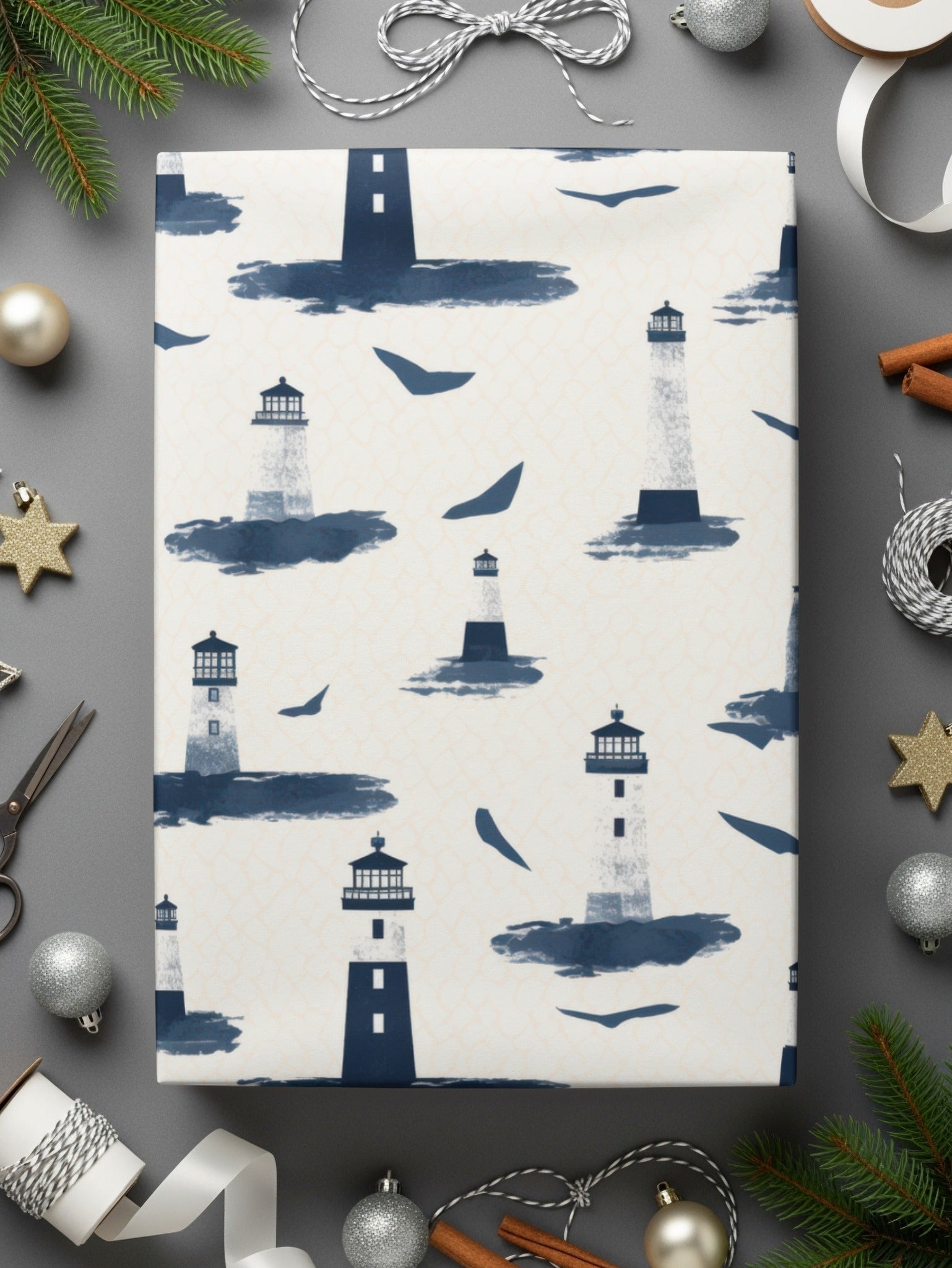 Nautical Lighthouse Pattern, Coastal Digital Paper, Navy Blue, Ocean Theme, Scrapbooking, Printable Backgrounds, Digital Download