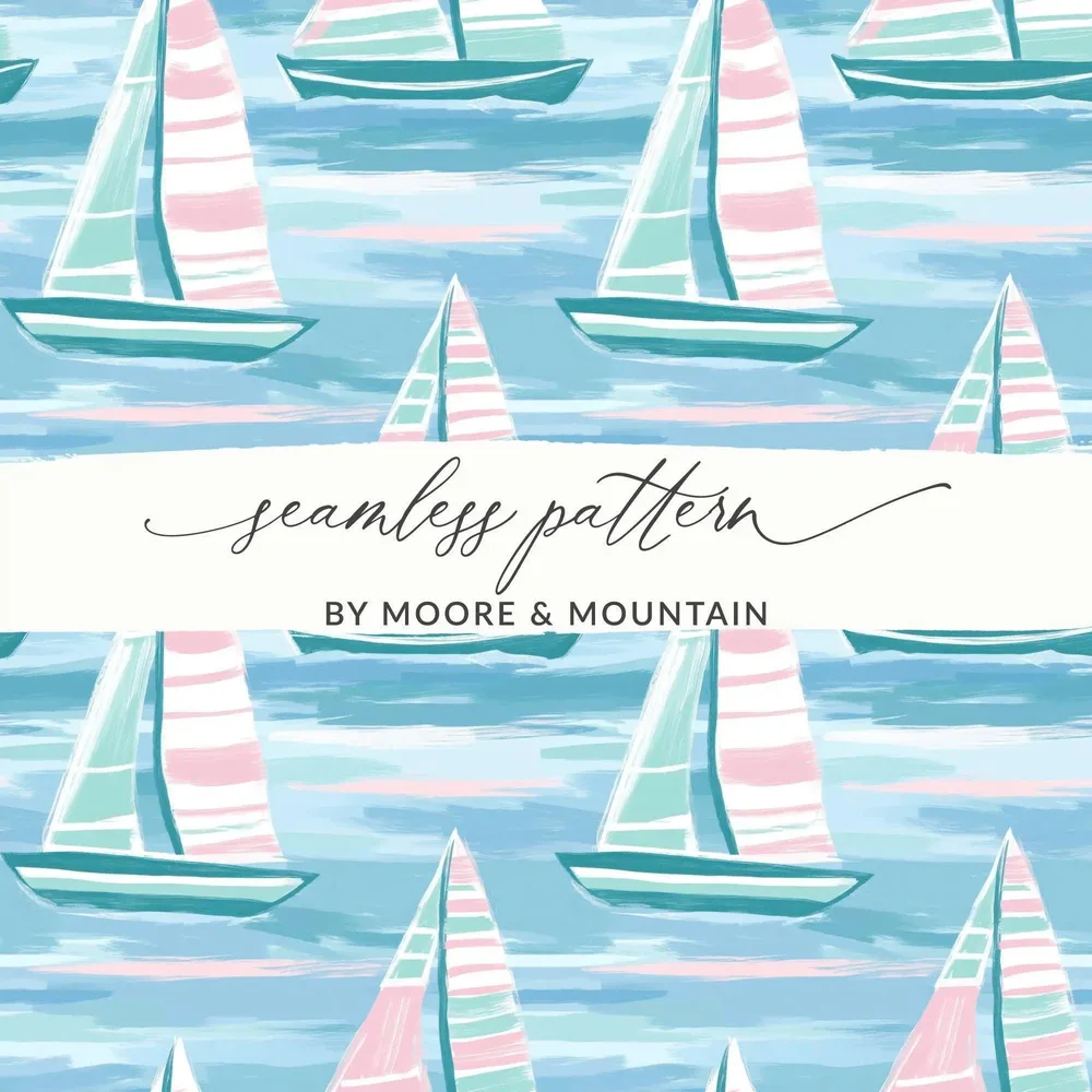 Nautical Sailboat Seamless Pattern Digital Paper, Summer Seascape Design, Pastel Sailing Boat Surface Pattern, Waterscape Download
