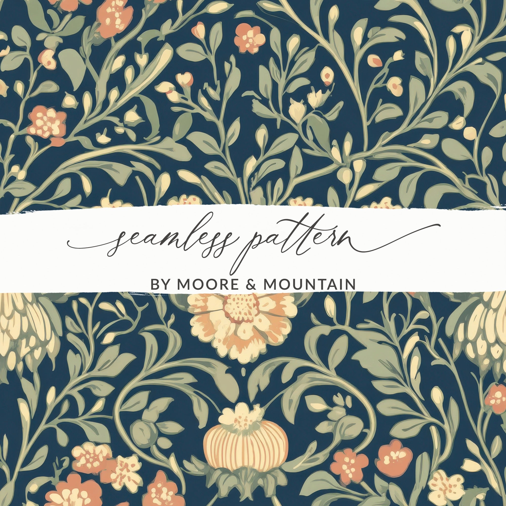 Navy Blue and Gold William Morris Vines Background Green Peach Blue Digital