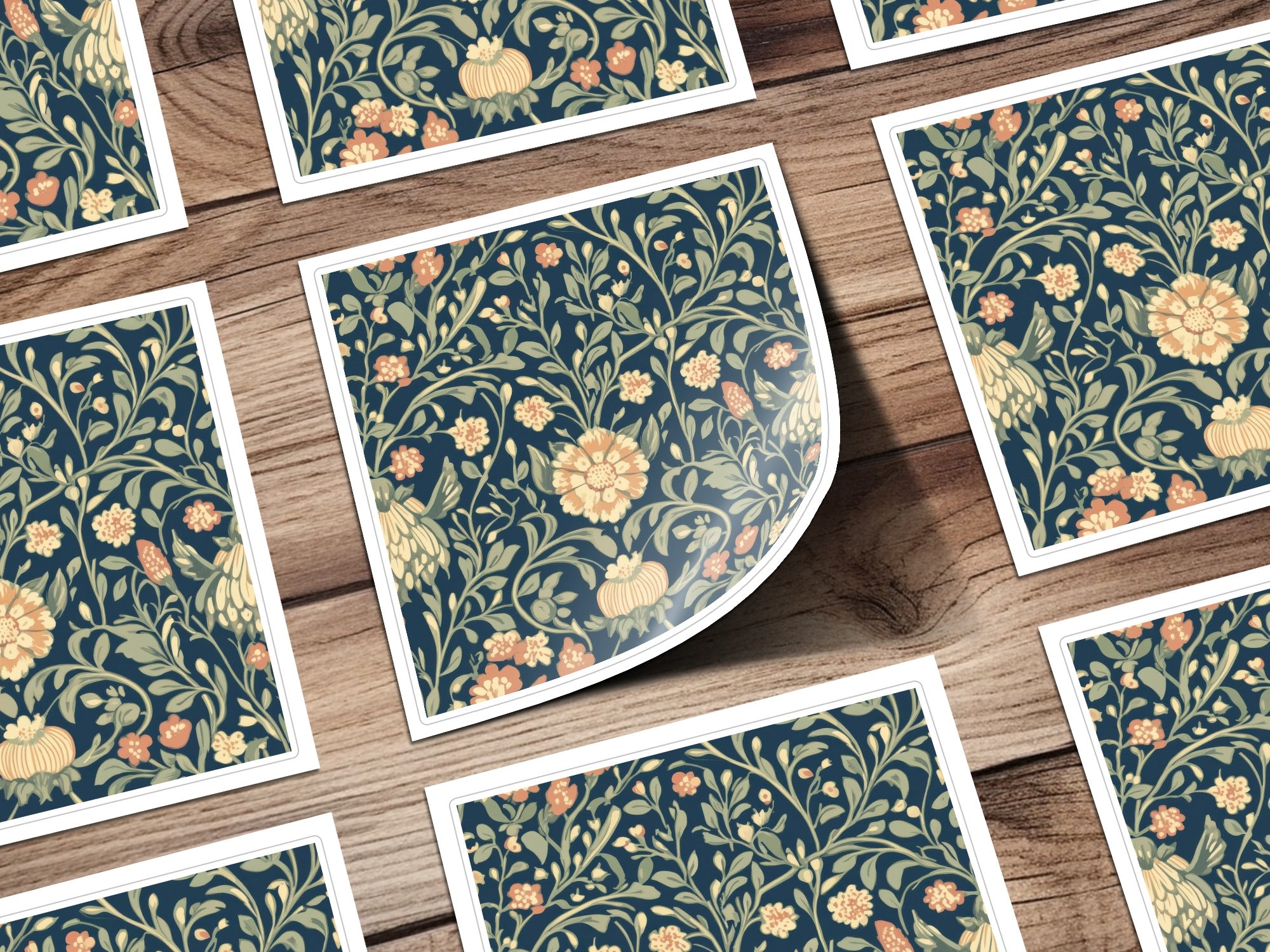 Navy Blue and Gold William Morris Vines Background Green Peach Blue Digital