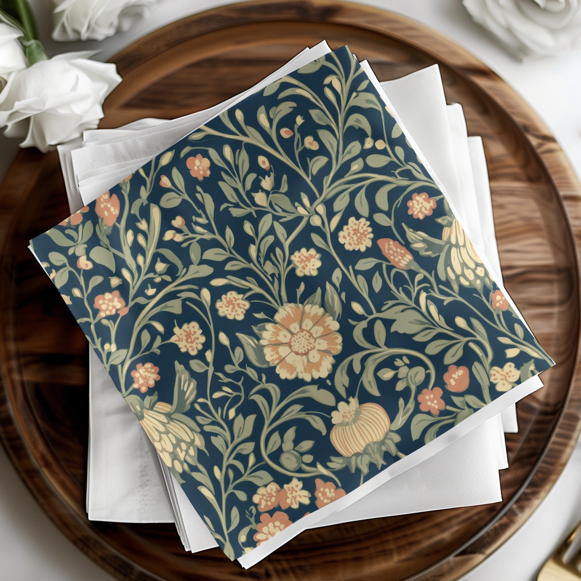 Navy Blue and Gold William Morris Vines Background Green Peach Blue Digital