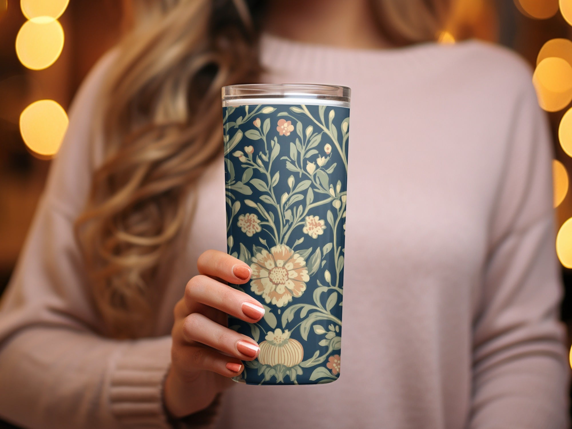 Navy Blue and Gold William Morris Vines Background Green Peach Blue Digital