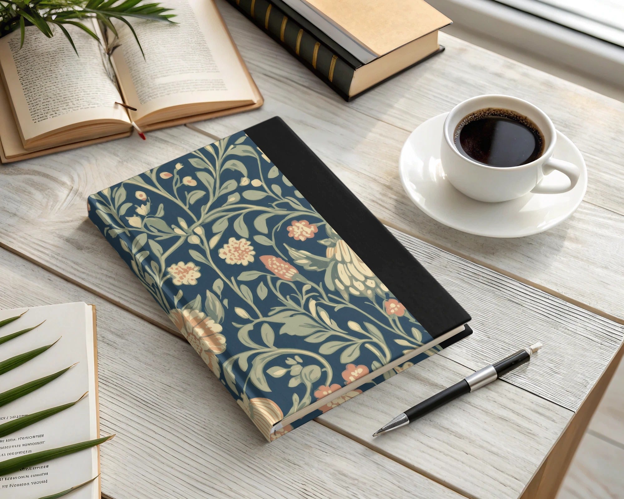 Navy Blue and Gold William Morris Vines Background Green Peach Blue Digital