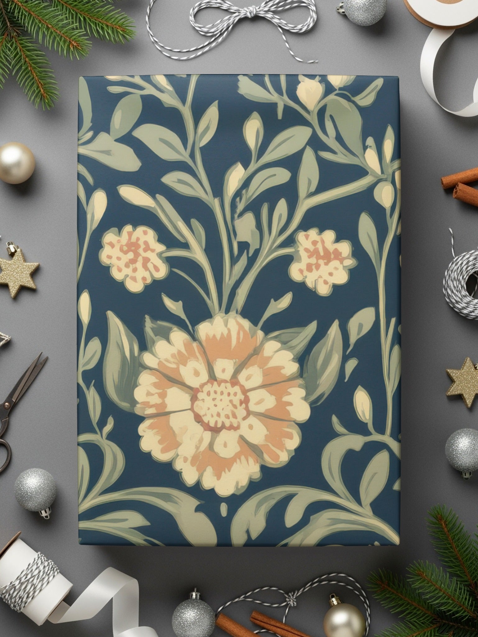 Navy Blue and Gold William Morris Vines Background Green Peach Blue Digital