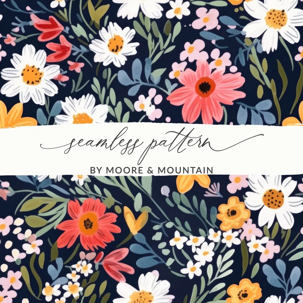Navy Blue Colorful Ditsy Flowers on Dark Blue Spring Pattern Digital