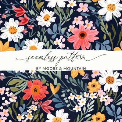 Navy Blue Colorful Ditsy Flowers on Dark Blue Spring Pattern Digital