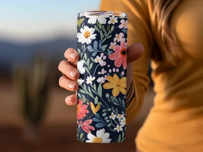 Navy Blue Colorful Ditsy Flowers on Dark Blue Spring Pattern Digital
