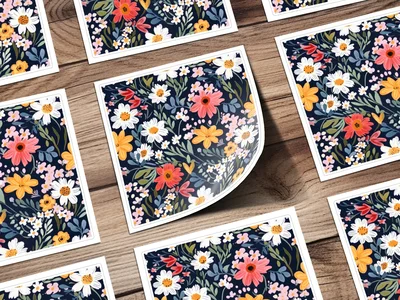 Navy Blue Colorful Ditsy Flowers on Dark Blue Spring Pattern Digital