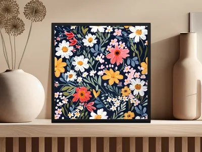 Navy Blue Colorful Ditsy Flowers on Dark Blue Spring Pattern Digital