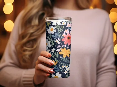 Navy Blue Colorful Ditsy Flowers on Dark Blue Spring Pattern Digital