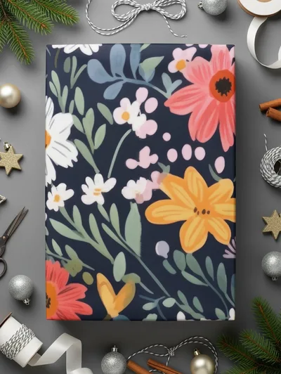 Navy Blue Colorful Ditsy Flowers on Dark Blue Spring Pattern Digital