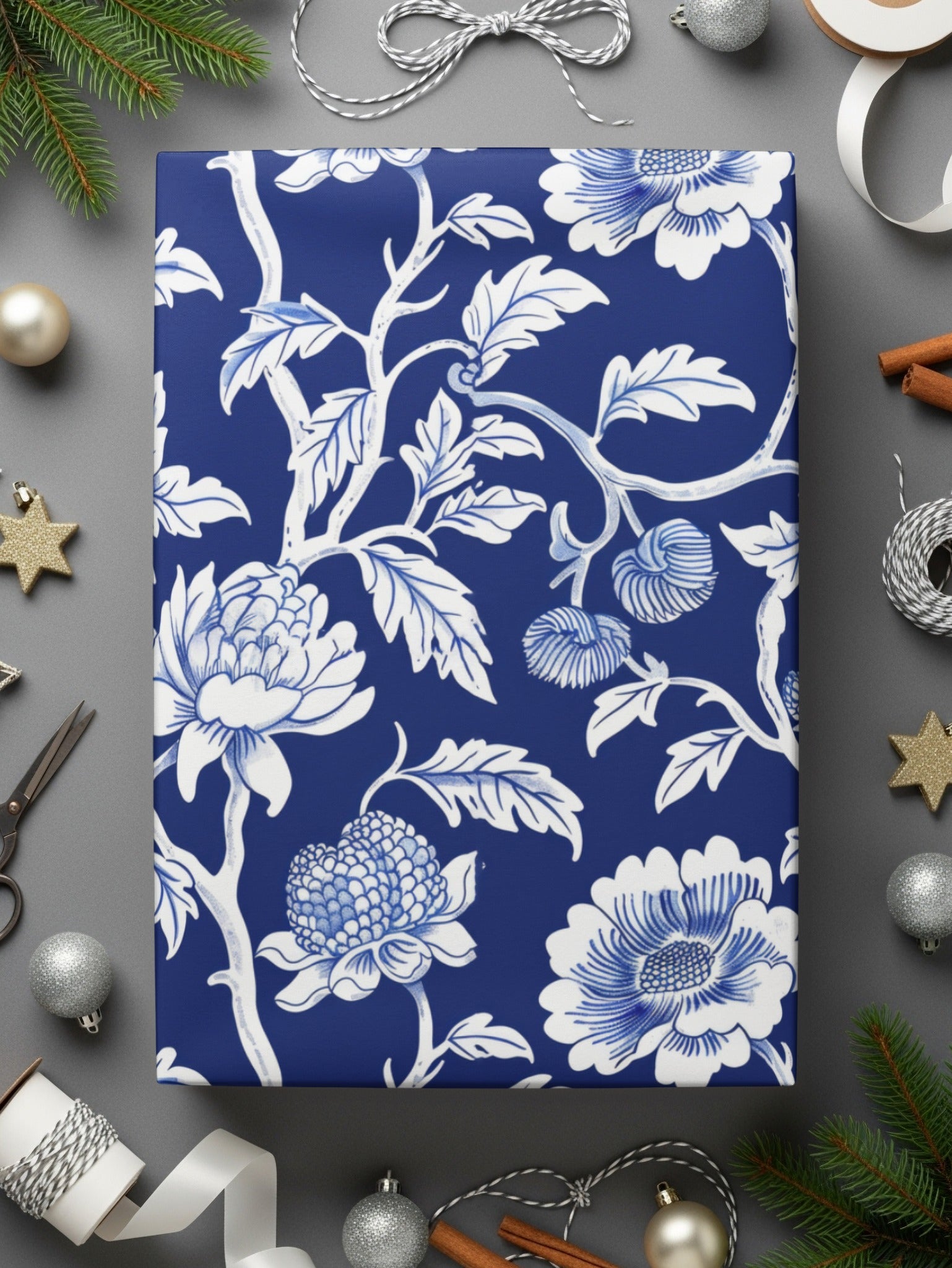 Navy Blue Floral Pattern Digital Paper, White Flower Design, Seamless Tileable Texture, Chinoiserie Pattern