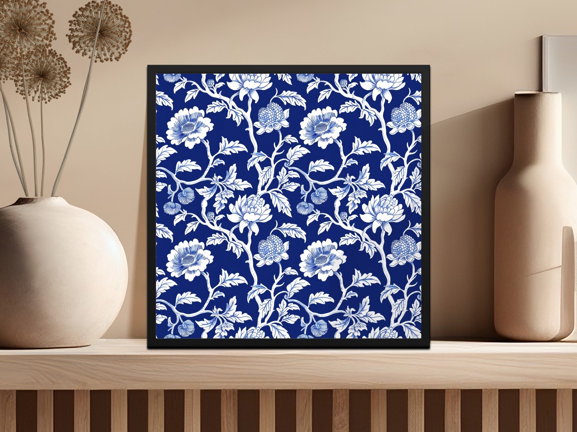 Navy Blue Floral Pattern Digital Paper, White Flower Design, Seamless Tileable Texture, Chinoiserie Pattern