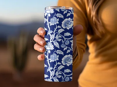 Navy Blue Floral Pattern Digital Paper, White Flower Design, Seamless Tileable Texture, Chinoiserie Pattern