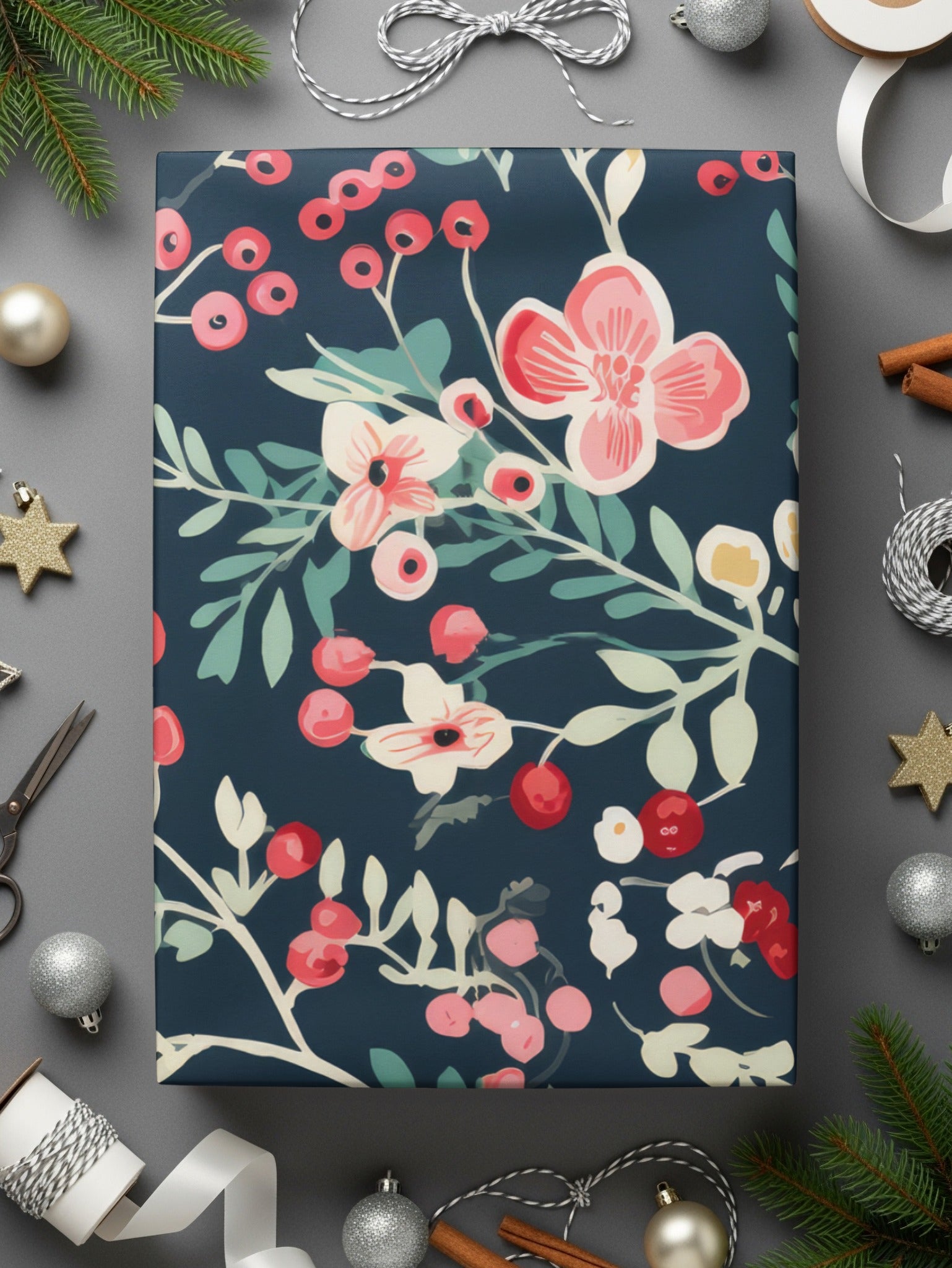 Navy Blue Preppy Christmas Seamless Vibrant Winter Berries Pattern Digital