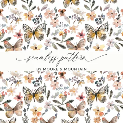 Neutral Watercolor Floral and Butterfly Seamless Print Digital