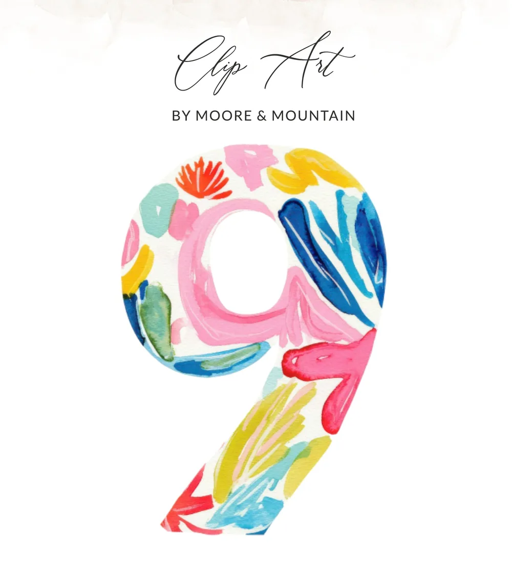 Number 9 SVG, Preppy Clip Art, Colorful Painted Digital Number PNG, Vibrant Watercolor Effect Birthday Art, Crafting Supply, Digital