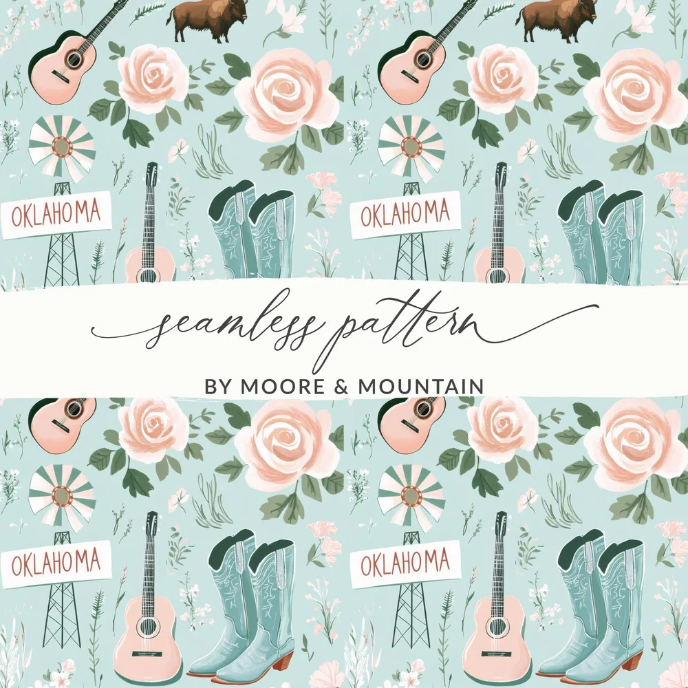 Oklahoma Western Digital Paper, Seamless Pattern, Bison, Guitar, Cowboy Boots, Floral Background, Country Digital File, Boho Western