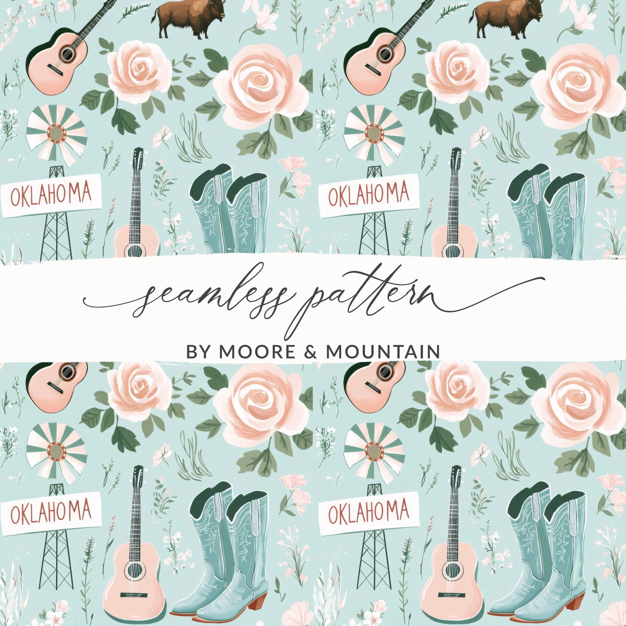 Oklahoma Western Digital Paper, Seamless Pattern, Bison, Guitar, Cowboy Boots, Floral Background, Country Digital File, Boho Western