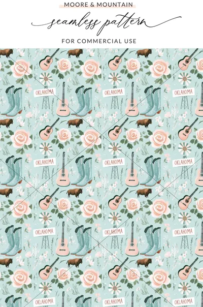 Oklahoma Western Digital Paper, Seamless Pattern, Bison, Guitar, Cowboy Boots, Floral Background, Country Digital File, Boho Western