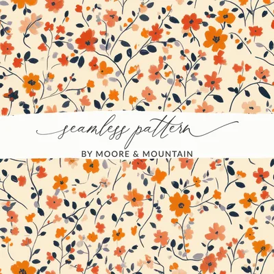 Orange and Cream Ditsy Floral Pattern Repeat Digital