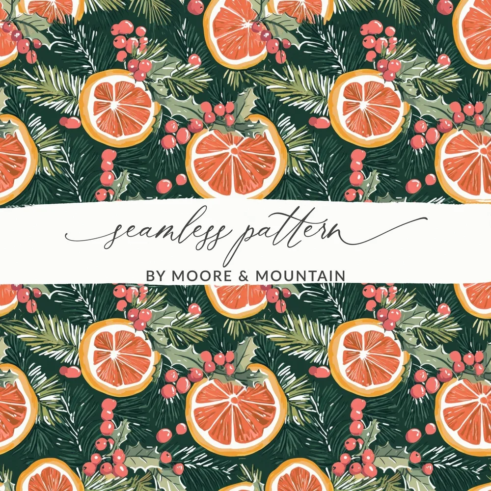 Orange Christmas Digital Paper, Winter Holiday Pattern, Seamless Citrus Print, Evergreen Background, Festive Scrapbook Paper, Printable