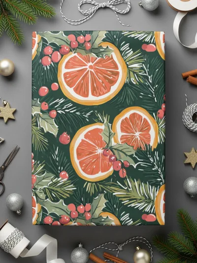 Orange Christmas Digital Paper, Winter Holiday Pattern, Seamless Citrus Print, Evergreen Background, Festive Scrapbook Paper, Printable