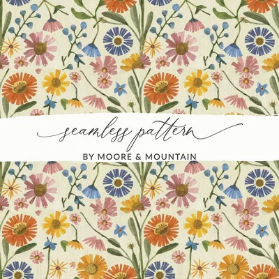 Orange Cottagecore Seamless Watercolor Floral Art Digital