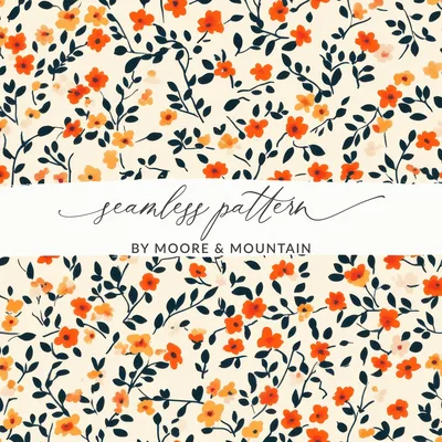 Orange Ditsy Floral Pattern with Dark Stems Digital
