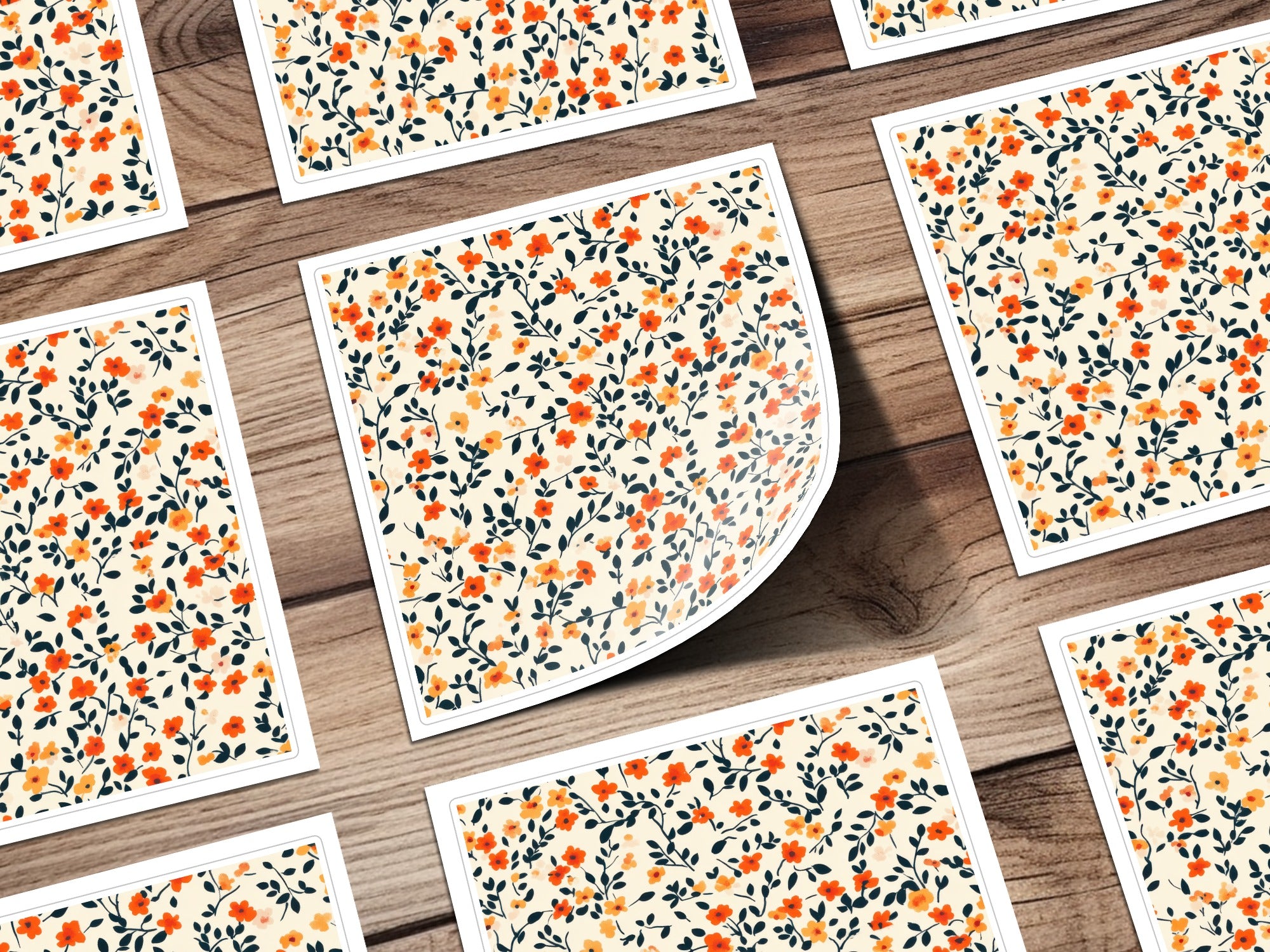 Orange Ditsy Floral Pattern with Dark Stems Digital