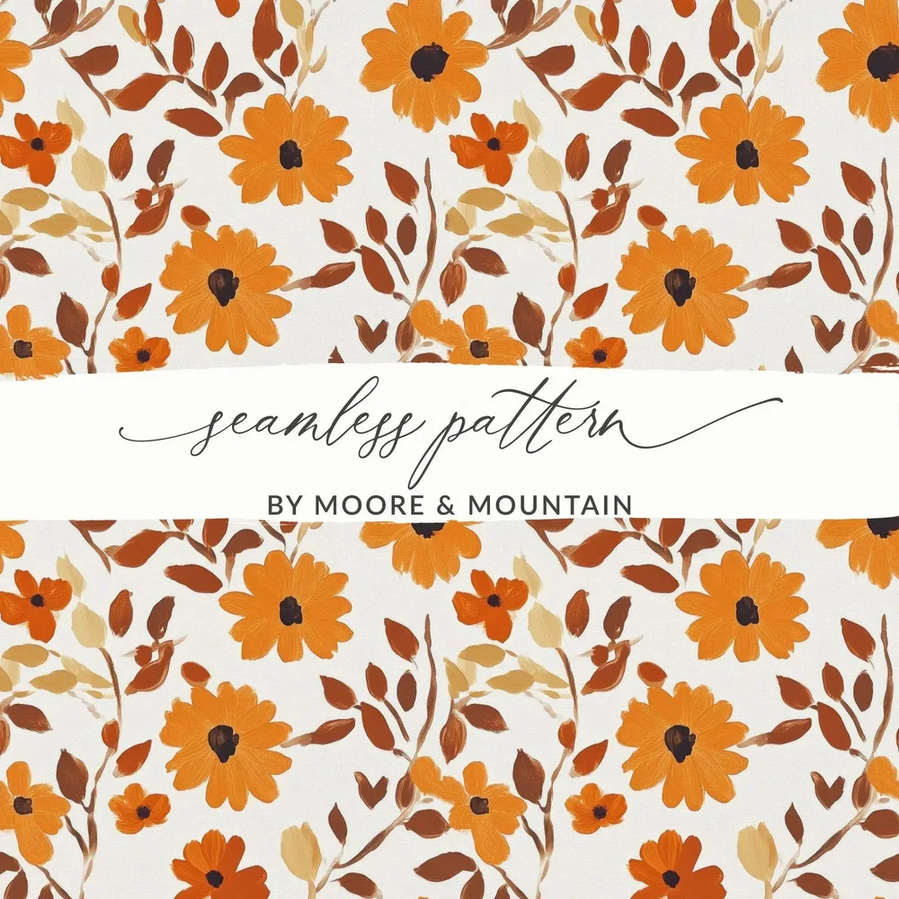 Orange Floral Digital Paper, Autumn Flowers Seamless Pattern, Fall Botanical Repeat Pattern, Printable Flower Fabric Design, Digital