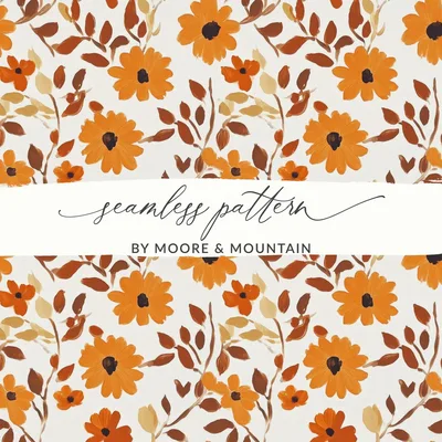 Orange Floral Digital Paper, Autumn Flowers Seamless Pattern, Fall Botanical Repeat Pattern, Printable Flower Fabric Design, Digital